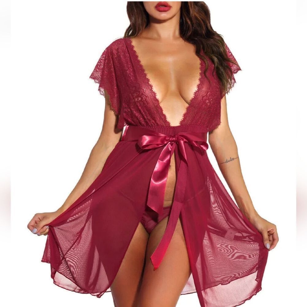 Sexy Women Lingerie Deep V Lace Babydoll Cover Up Mesh Robe Kimono Sleepwear Set